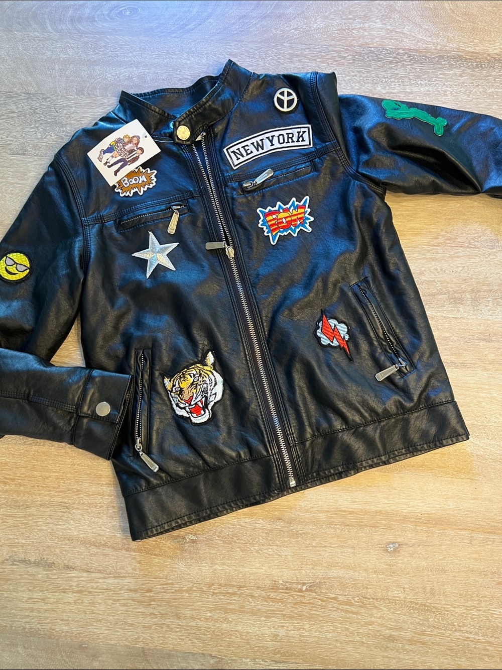 Lola and the boys vegan leather patch moto jacket size 8 NWT